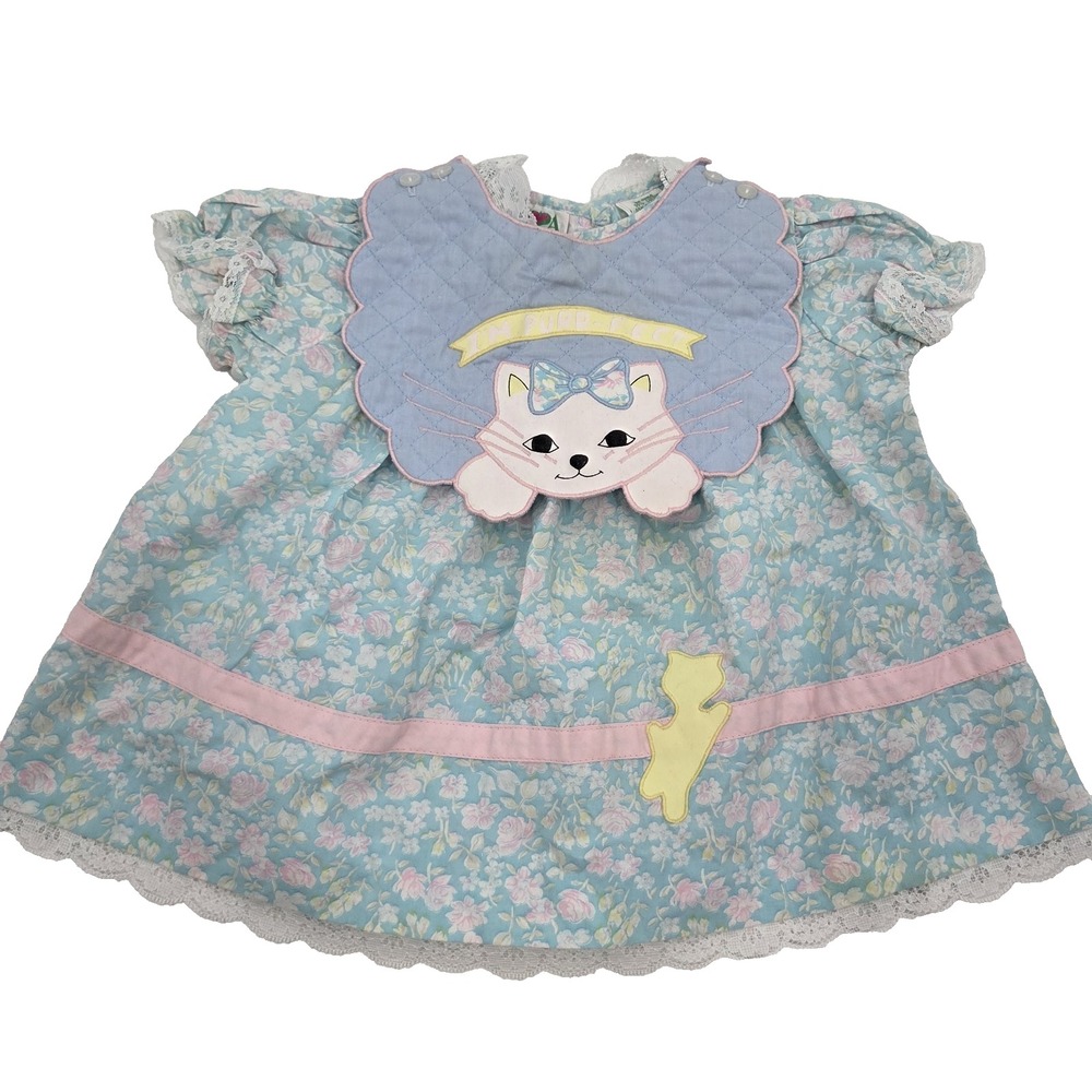 Vintage Baby Girl Romper 18M Pink Bear Face Lace Trim Blue Bow 1980s USA
